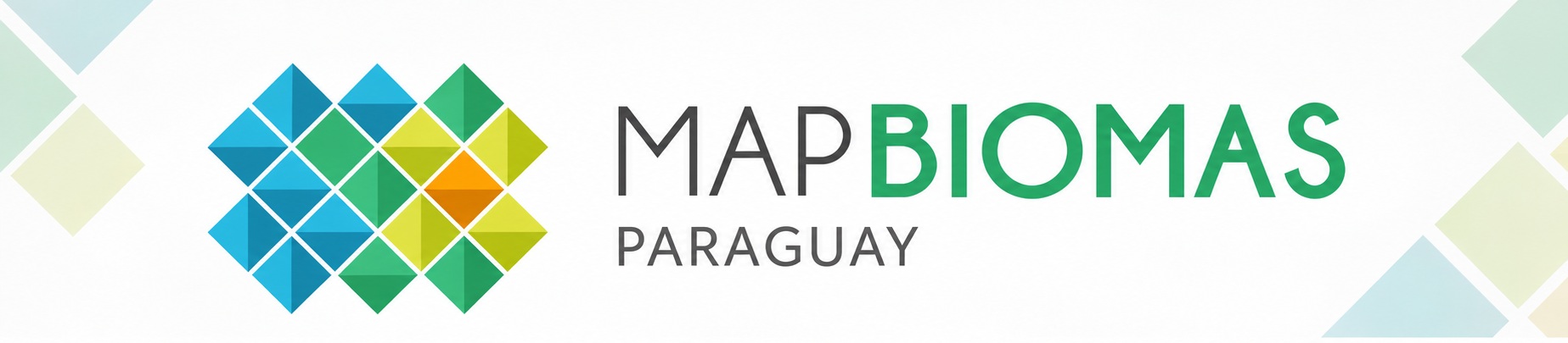 Portada de MapBiomas Paraguay: mosaico de rombos azules y verdes con el logotipo del proyecto